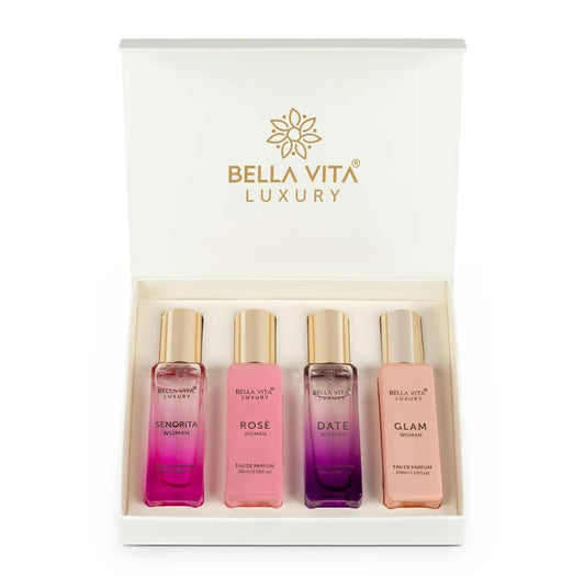 BellaVita Luxury's Perfume Gift Set For Women |4
Luxury Minis | Long Lasting | Senorita, Rose, Date, Glam | Eau De Parfum | Portable Perfume Kit